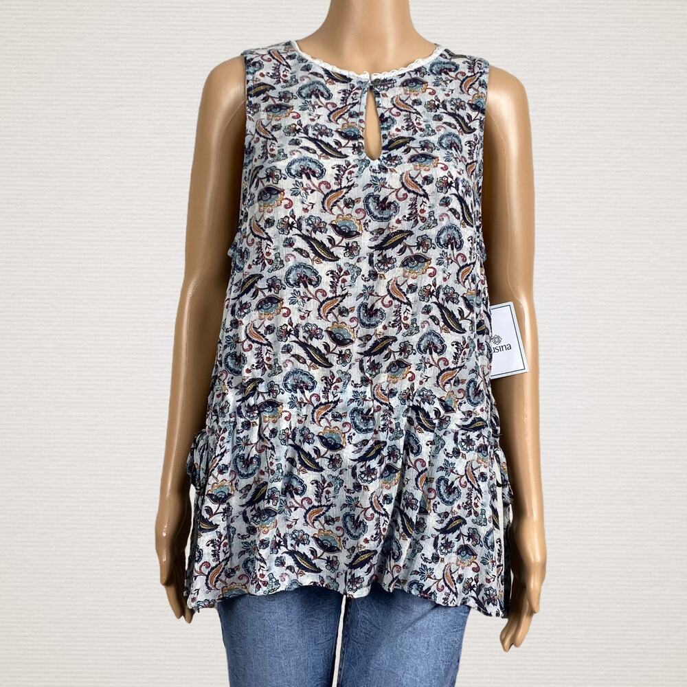 Susina Nordstrom Gray Floral Lace Trim Keyhole Peasant Tank Top Shirt Large